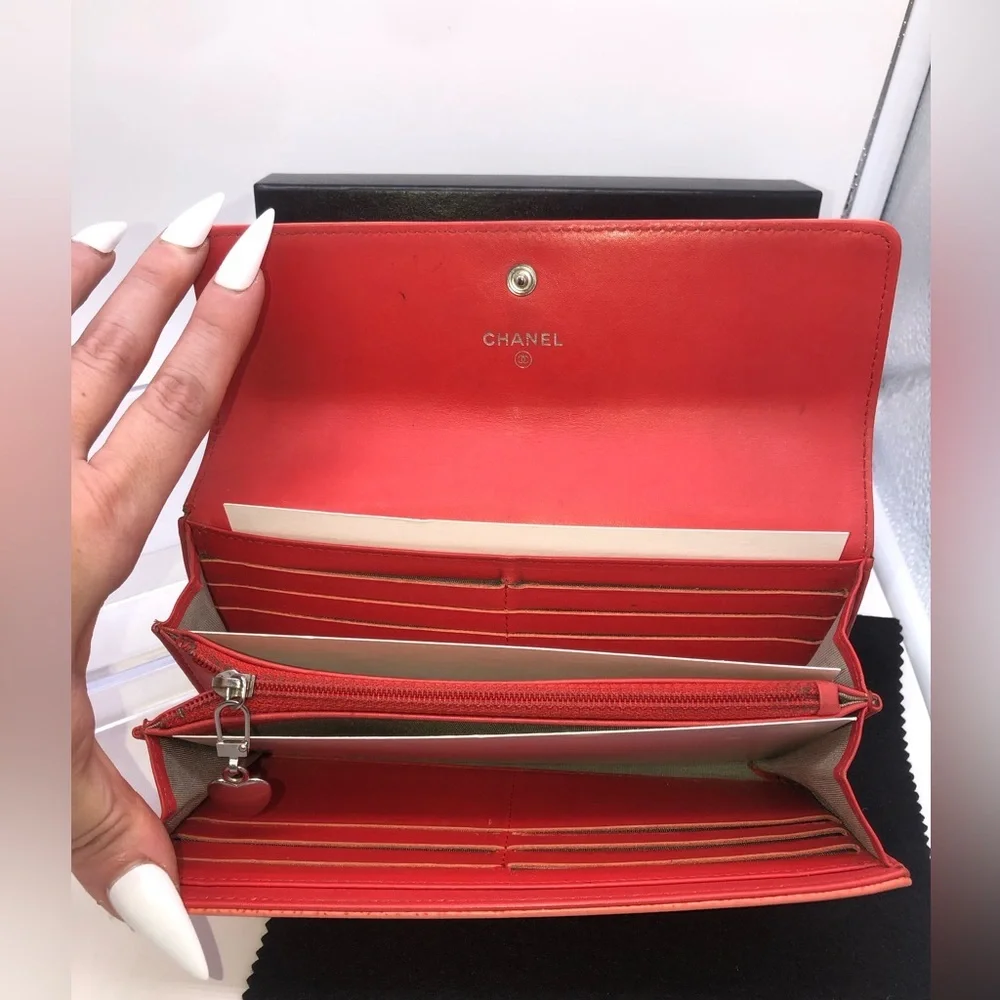 🩷CHANEL Wallet Timeless CC Embroidered Top Flap Snap Long Salmon Pink Coral COA